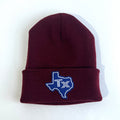 Blue Texas Silhouette Beanie featuring a maroon color and handstitched TX patch, perfect as a Texas themed gift, a Texas made gift, or a souvenir from Texas, ideal for fans of Dallas souvenirs and Texan gifts.