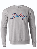3D Dallas Crew Sweater in a light gray fabric, featuring stylish script text 'Dallas' and a Texas outline. Perfect for a Texas themed gift or as a Dallas souvenir, this unisex fleece crew sweater embodies the spirit of Texan gifts and Texas Made Gifts.