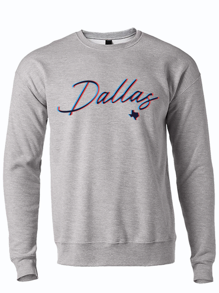 3D Dallas Crew Sweater in a light gray fabric, featuring stylish script text 'Dallas' and a Texas outline. Perfect for a Texas themed gift or as a Dallas souvenir, this unisex fleece crew sweater embodies the spirit of Texan gifts and Texas Made Gifts.