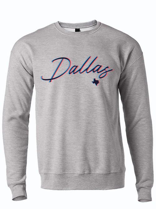 3D Dallas Crew Sweater in a light gray fabric, featuring stylish script text 'Dallas' and a Texas outline. Perfect for a Texas themed gift or as a Dallas souvenir, this unisex fleece crew sweater embodies the spirit of Texan gifts and Texas Made Gifts.