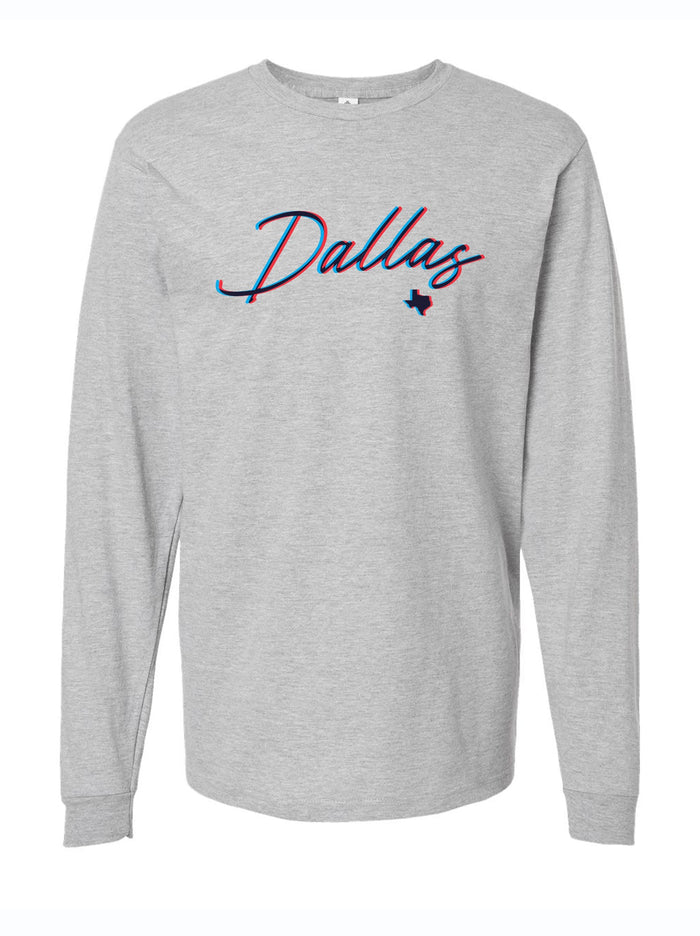 3D Dallas Longsleeve shirt featuring stylish script design, perfect for showcasing your Texas pride. This comfortable top makes an excellent Texas themed gift, ideal for anyone looking for Texas Made Gifts, souvenirs from Texas, or a Dallas souvenir that celebrates Texan culture.