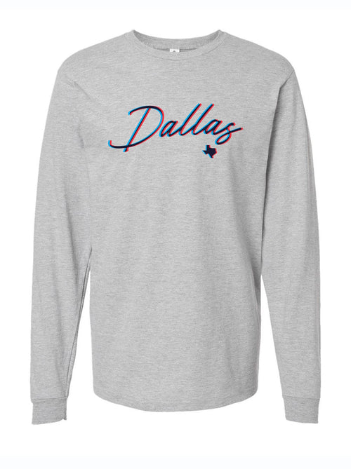 3D Dallas Longsleeve shirt featuring stylish script design, perfect for showcasing your Texas pride. This comfortable top makes an excellent Texas themed gift, ideal for anyone looking for Texas Made Gifts, souvenirs from Texas, or a Dallas souvenir that celebrates Texan culture.