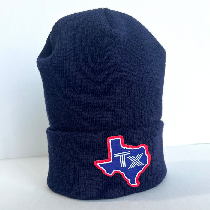 Another view of the Red Texas Silhouette Beanie showcasing the hand-stitched Texas patch, ideal for Texas themed gift, Texas Made Gifts, souvenirs from Texas, Dallas souvenir, and Texan gifts.