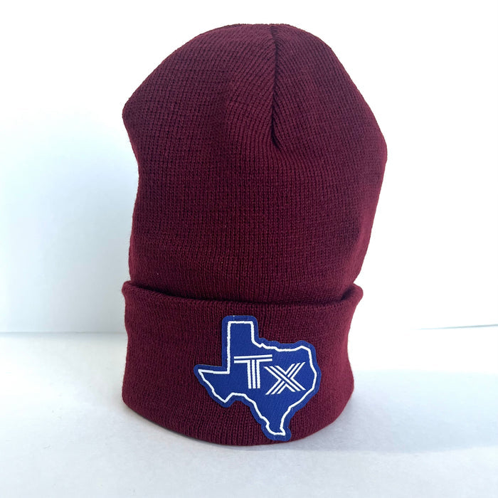 Back view of the Blue Texas Silhouette Beanie in maroon with a prominent TX patch, making it a great choice for Texas themed gifts, Texas made gifts, and souvenirs from Texas, suitable for anyone who loves Dallas souvenirs and Texan gifts.
