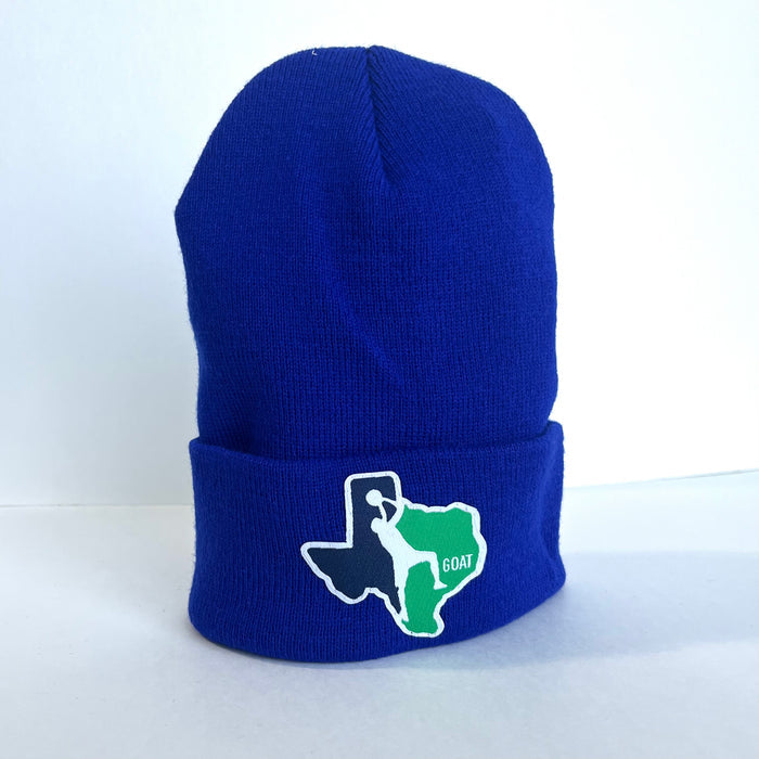 Back view of the blue Goat Beanie showcasing its Texas-inspired patch, ideal for those looking for Texas Made Gifts and a unique Dallas souvenir.