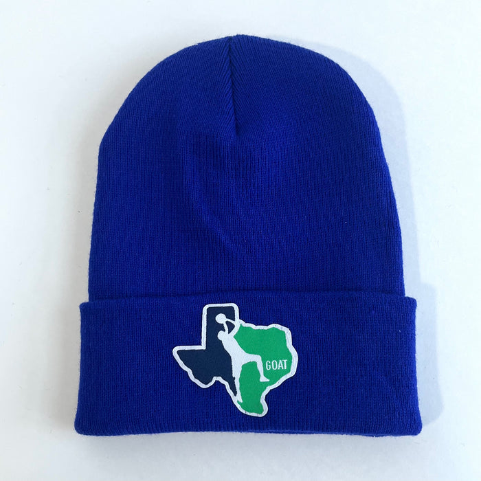 Blue Goat Beanie featuring a patch design inspired by Texas, perfect as a Texas themed gift or Texan gift. A stylish souvenir from Texas, great for anyone who loves Dallas.