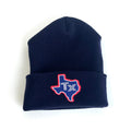 Red Texas Silhouette Beanie featuring a Texas patch on a navy background, perfect for Texas themed gift, Texas Made Gifts, souvenirs from Texas, Dallas souvenir, or Texan gifts.