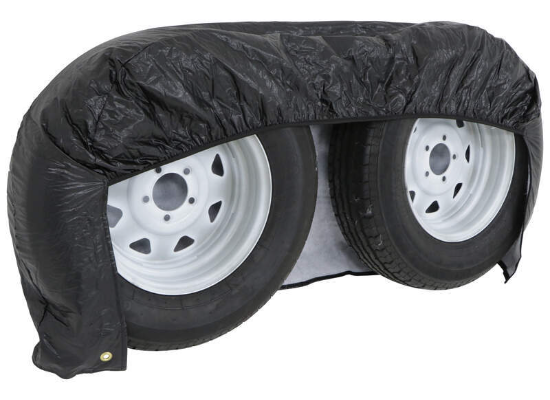 Black ADCO Double Axle Tyre Gard Wheel Cover - Front View Showing Dual Tire Fit | United RV Parts
