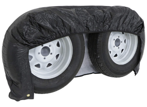 Black ADCO Double Axle Tyre Gard Wheel Cover - Front View Showing Dual Tire Fit | United RV Parts