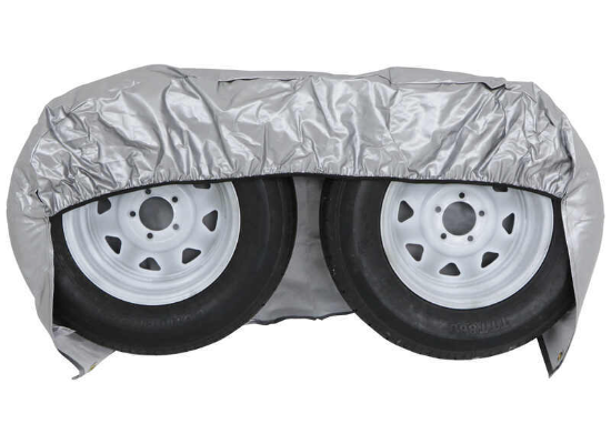 Silver Vinyl Tire Cover Protecting Dual RV Wheels - Front View | United RV Parts