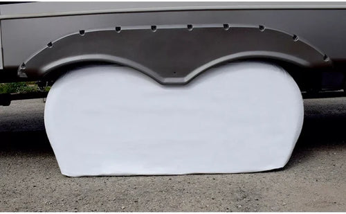 White Vinyl ADCO Double Axle Tyre Gard Installed on RV - Side View | United RV Parts