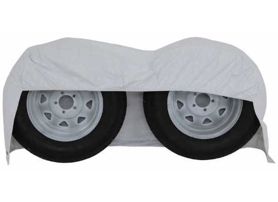 White ADCO Double Axle RV Tire Cover Over Two Trailer Wheels - Front View | United RV Parts
