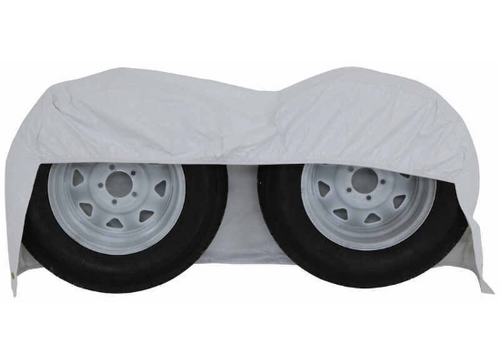 White ADCO Double Axle RV Tire Cover Over Two Trailer Wheels - Front View | United RV Parts