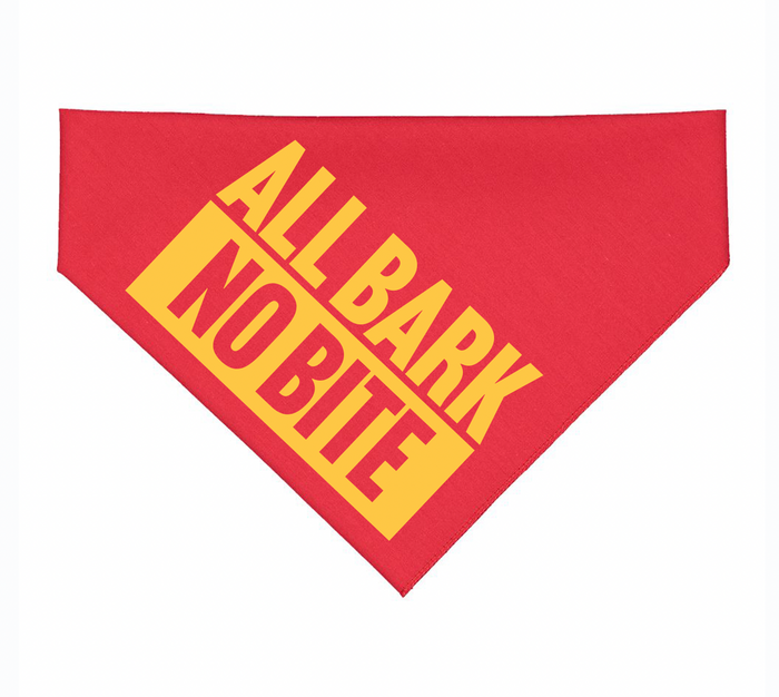 All Bark No Bite Dog Bandana in vibrant red color, perfect for your stylish pooch. This Texas themed gift features bold lettering and is an ideal choice for pet lovers seeking unique souvenirs from Texas. Add this to your collection of Texas Made Gifts and Dallas souvenirs.
