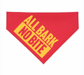 All Bark No Bite Dog Bandana in vibrant red color, perfect for your stylish pooch. This Texas themed gift features bold lettering and is an ideal choice for pet lovers seeking unique souvenirs from Texas. Add this to your collection of Texas Made Gifts and Dallas souvenirs.