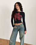 Image of Amabon Long Sleeve Top in Black with Burgundy Painted Flower