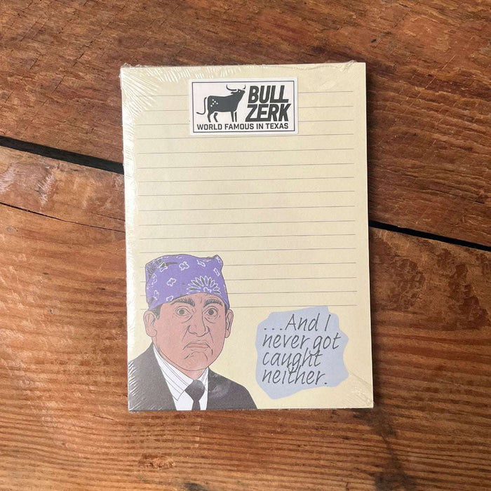 And I never got caught Notepad featuring an illustration of a man wearing a blue bandana, perfect for Texas themed gifts and souvenirs from Texas. Ideal for anyone looking for Texas Made Gifts or a unique Dallas souvenir, this notepad captures a playful Texan spirit.