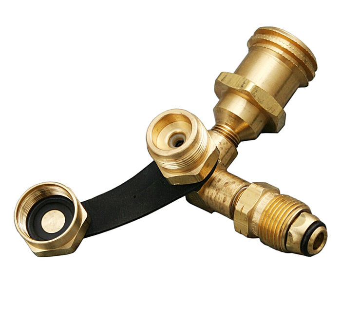 Brass RV Propane Tee Adapter Fitting - AP Products MER471 Three-Port Valve Close-Up Detail | United RV Parts