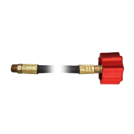 AP Products RV LPG Pigtail Hose Red ACME Valve & Brass MPT Connector Close-Up | United RV Parts