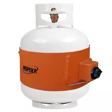 Orange Mopeka LPG Tank Blanket Heater on White 30 lb Propane Tank - Side View | United RV Parts