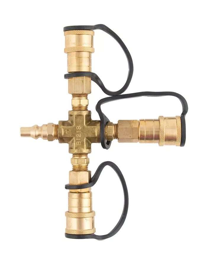 Brass RV Propane Cross Adapter ME24TP with 3 Quick Connect Ports - Front View | United RV Parts