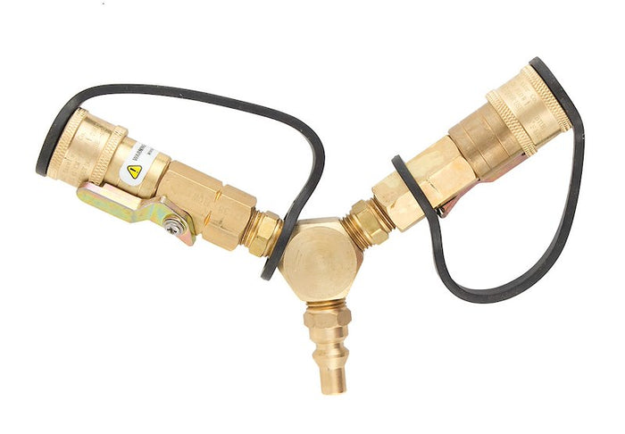Brass Propane Y Adapter ME23YP with Shut Off Valves - Side View | United RV Parts