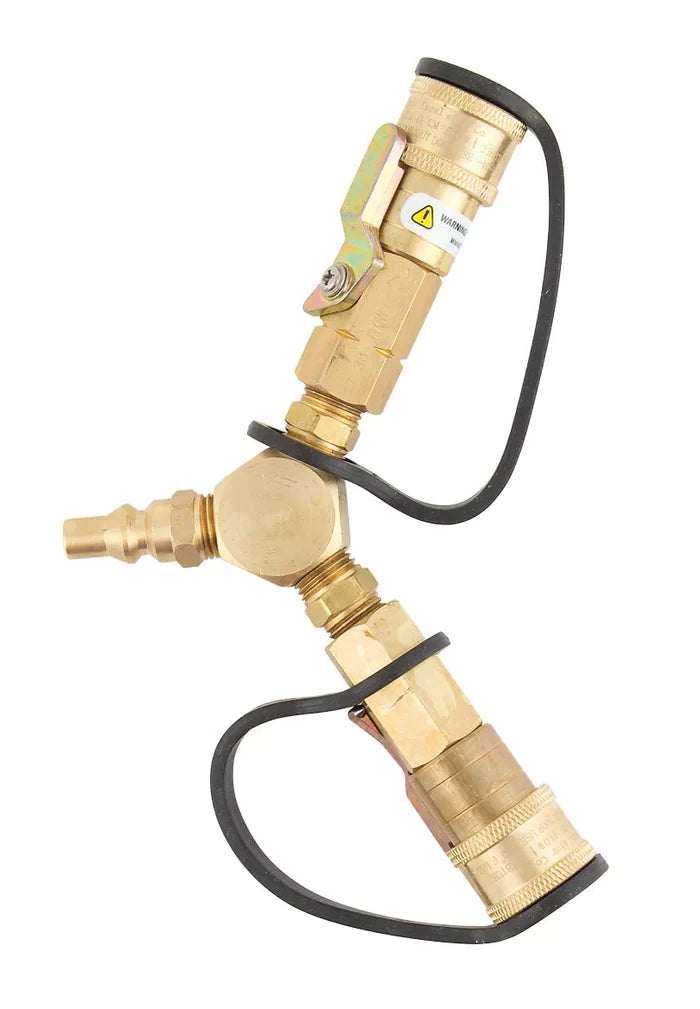 Brass Propane Y Splitter ME23YP with Shut Off - Angled View | United RV Parts