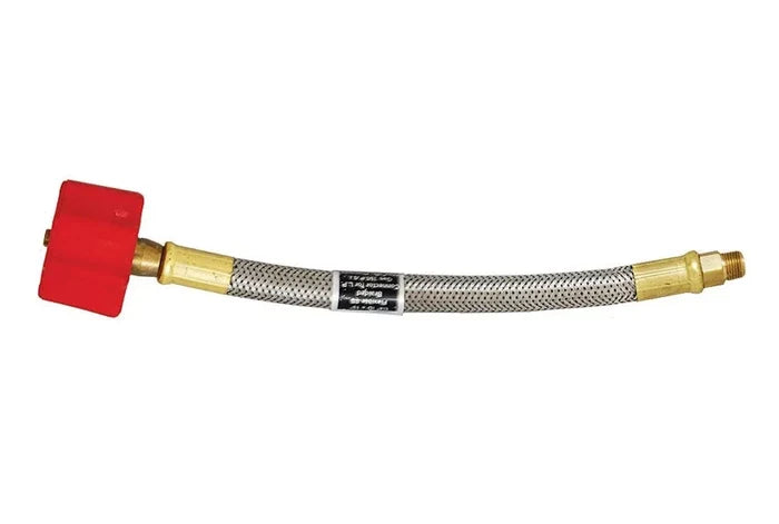 Stainless Steel Braided RV LPG Hose 15" Inverted Flare with Brass Fittings - Side View | United RV Parts