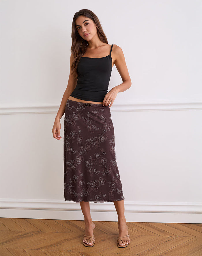 Image of Atira Midi Skirt in Doodle Flower Flock Brown
