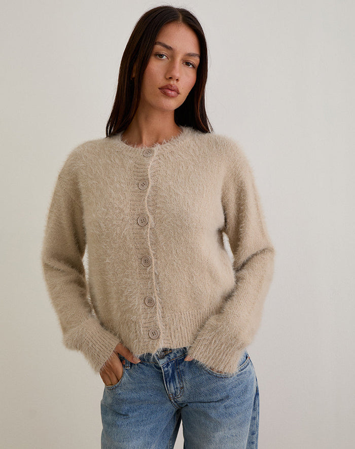 Image of Audrina Cardigan in Fluffy Knit Beige
