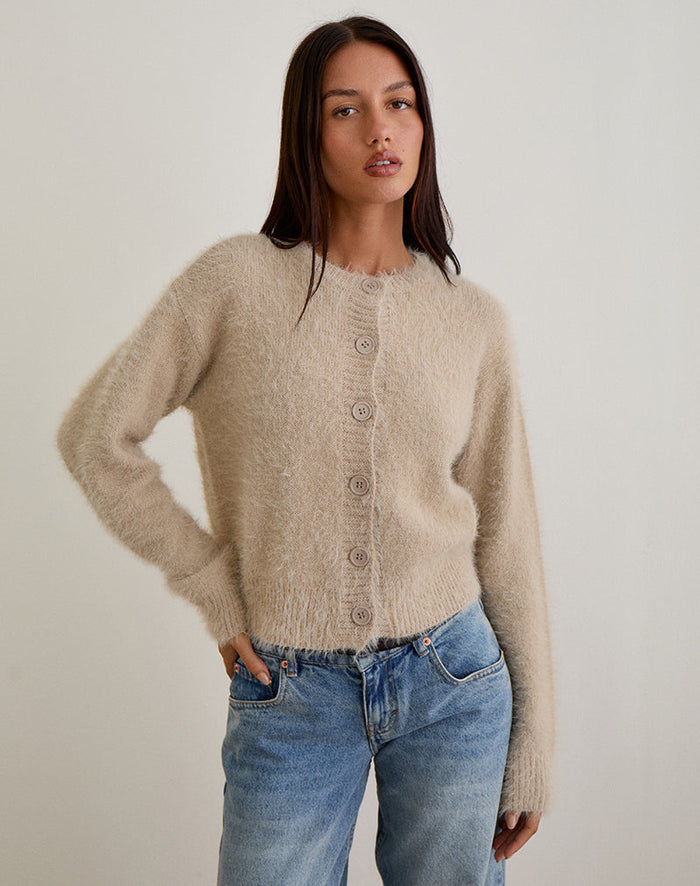 Image of Audrina Cardigan in Fluffy Knit Beige