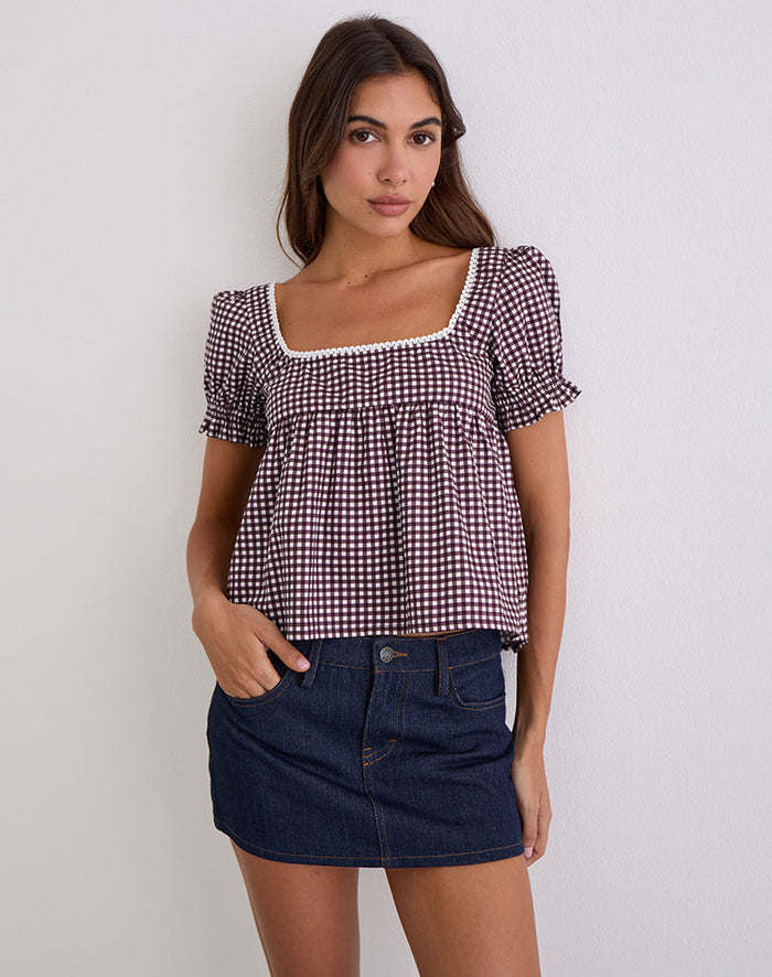 Image of Axoni Square Neck Blouse in Mini Gingham Wine