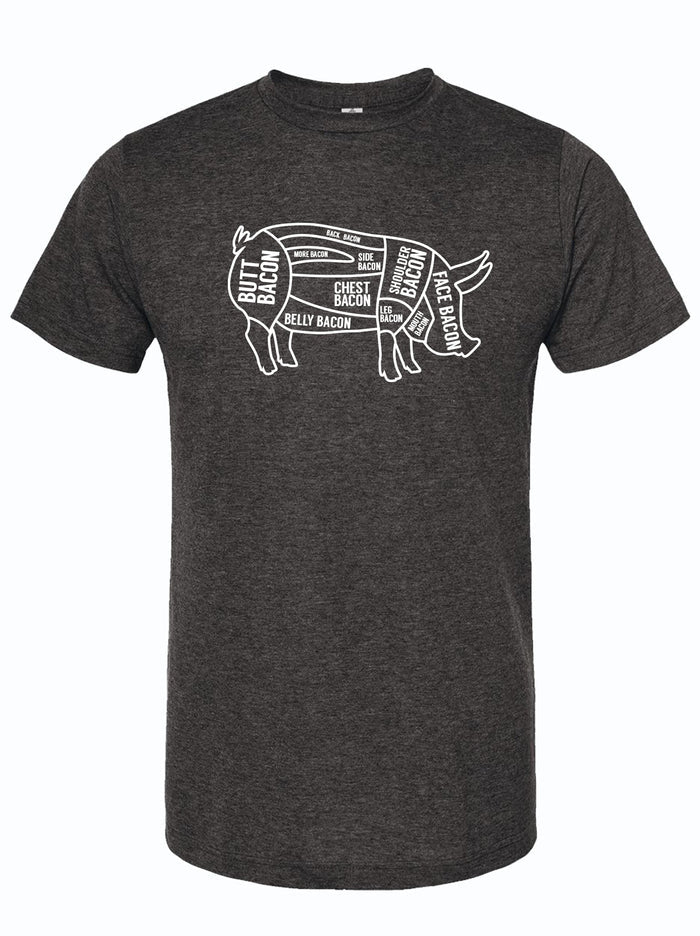 Dark, charcoal gray t-shirt with a  graphic design of a pig outlined with cut lines and the text bacon all over it.