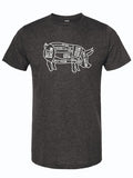 Dark, charcoal gray t-shirt with a  graphic design of a pig outlined with cut lines and the text bacon all over it.