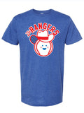 Royal blue tshirt with a baseball cartoon wearing a cowboy hat and the text "The Rangers" above it.