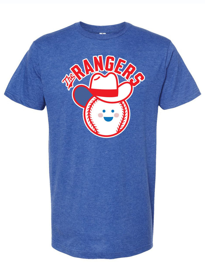 Royal blue tshirt with a baseball cartoon wearing a cowboy hat and the text "The Rangers" above it.