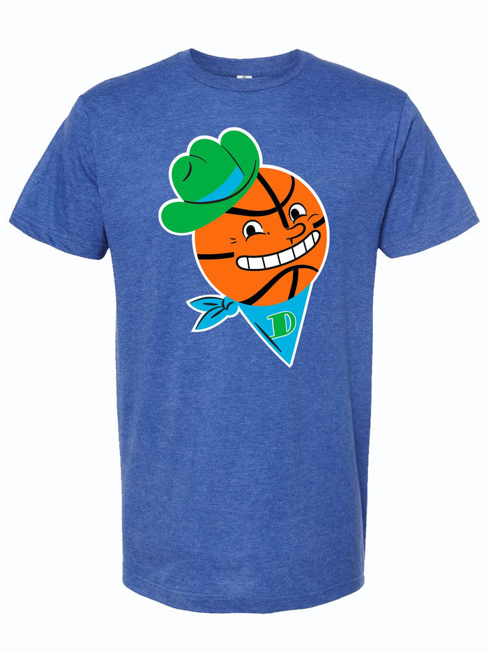 Royal blue tshirt with a cartoon basketball character wearing a cowboy hat.