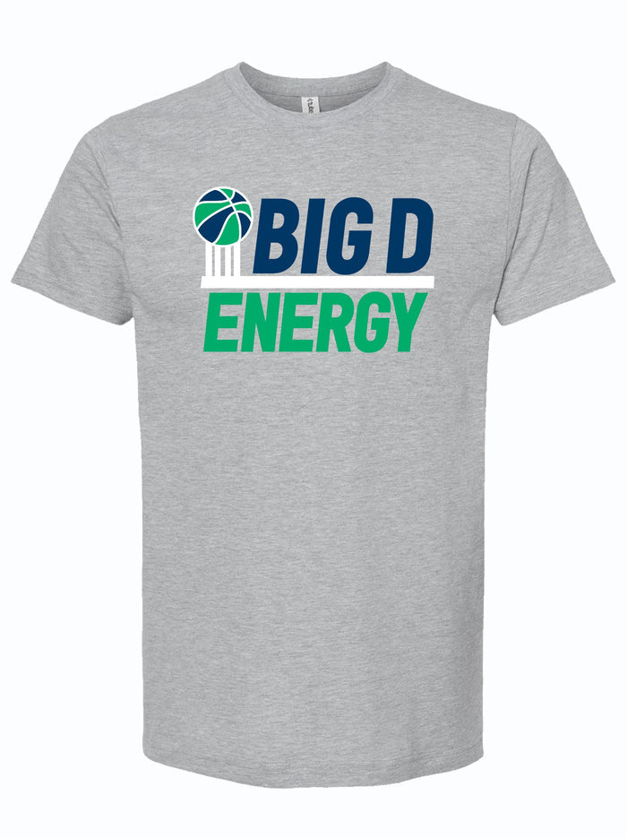 Light Gray tshirt with a white, navy and green graphic basketball and text reading "big D energy."