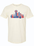 White t-shirt with colorful graphic design with soccer ball and 'The Big L' text on a white background