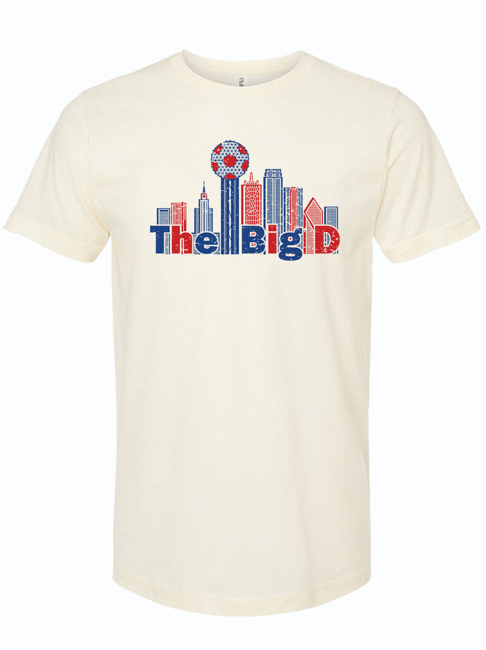 White t-shirt with colorful graphic design with soccer ball and 'The Big L' text on a white background