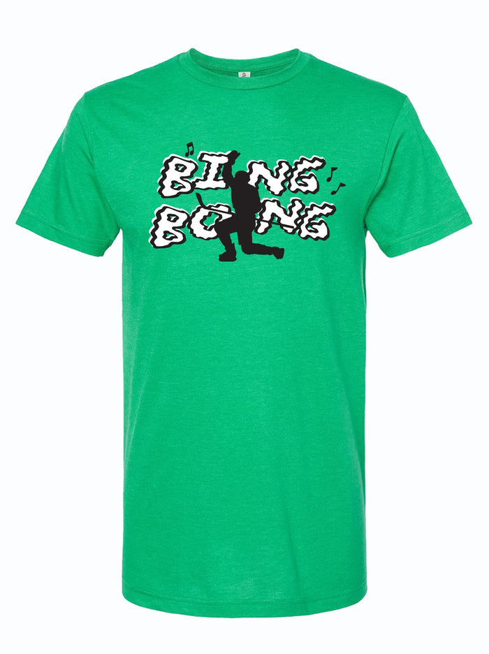 Kelly green tshirt with a black and white graphic image of the silhouette of a hockey player over the text "BING BONG."