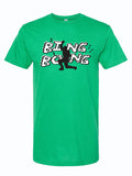 Kelly green tshirt with a black and white graphic image of the silhouette of a hockey player over the text "BING BONG."
