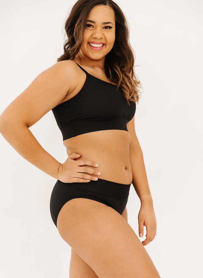 Photo of a woman in a black classic swim bottom and black swim bralette on a white background, side angle