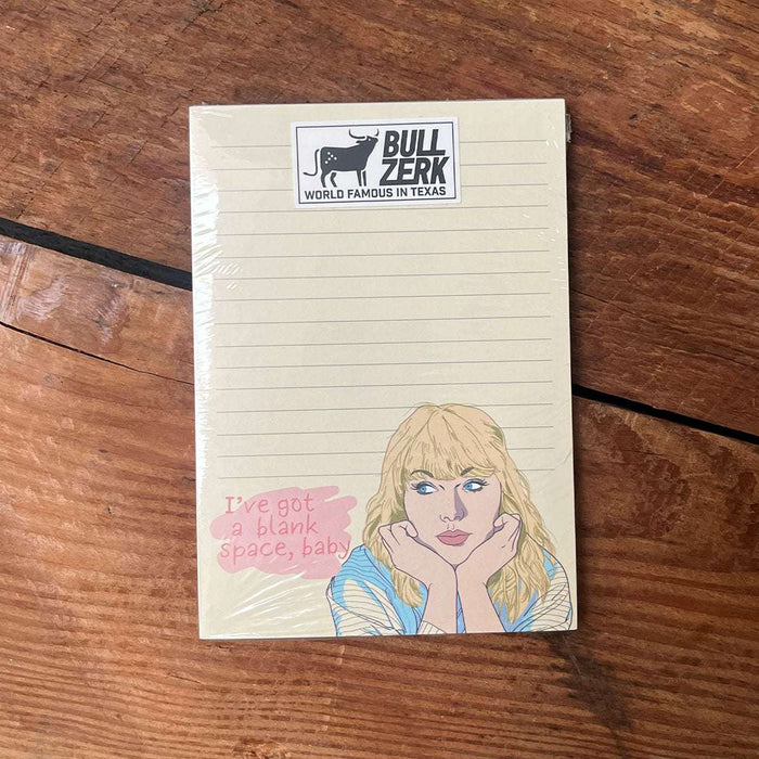 Blank Space, Baby Notepad featuring a whimsical design with an illustrated character; perfect as a Texas themed gift. This notepad, measuring approximately 6 inches tall by 4.25 inches wide, is ideal for those looking for Texas Made Gifts and unique souvenirs from Texas, making it a great Dallas souvenir and a fun choice for Texan gifts.
