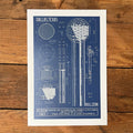 BLUEPRINT Art Print featuring a detailed illustration of the Dallas Reuntion Tower, making it a perfect Texas themed gift and a unique addition to your collection of Texas Made Gifts. This print is an ideal souvenir from Texas, celebrating Dallas culture and perfect for anyone looking for Texan gifts.
