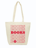 Canvas tote bag with 'BOOKS BOOKS BOOKS' text and the dallas public library logo printed in red ink.