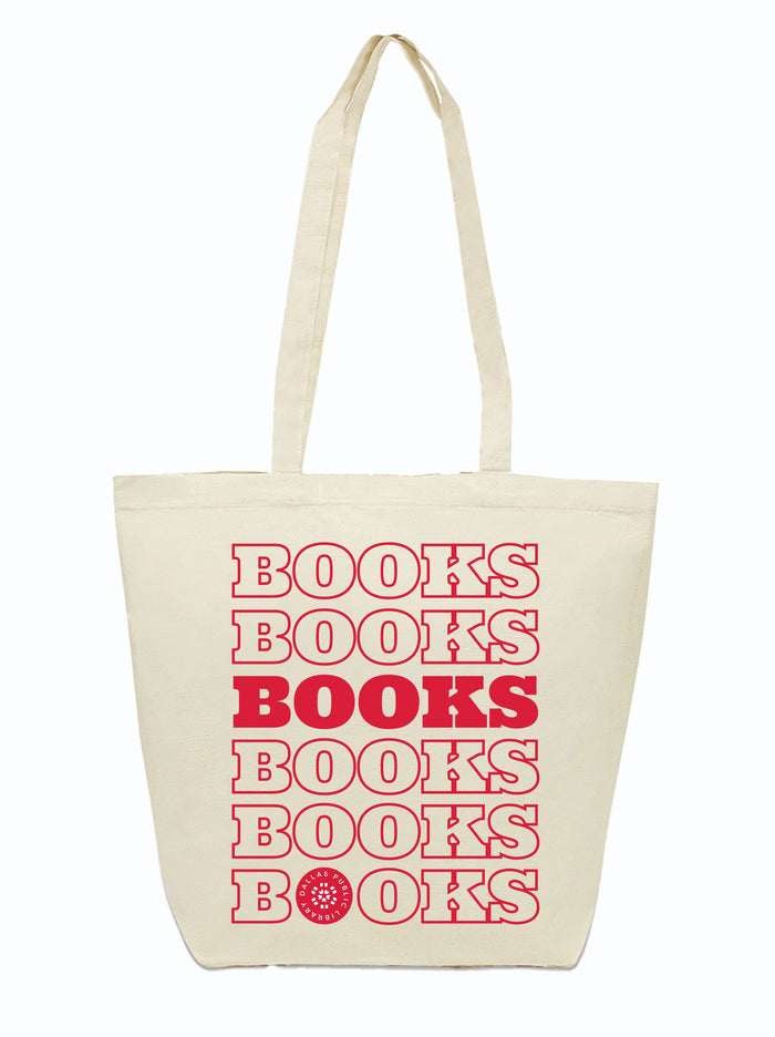Canvas tote bag with 'BOOKS BOOKS BOOKS' text and the dallas public library logo printed in red ink.