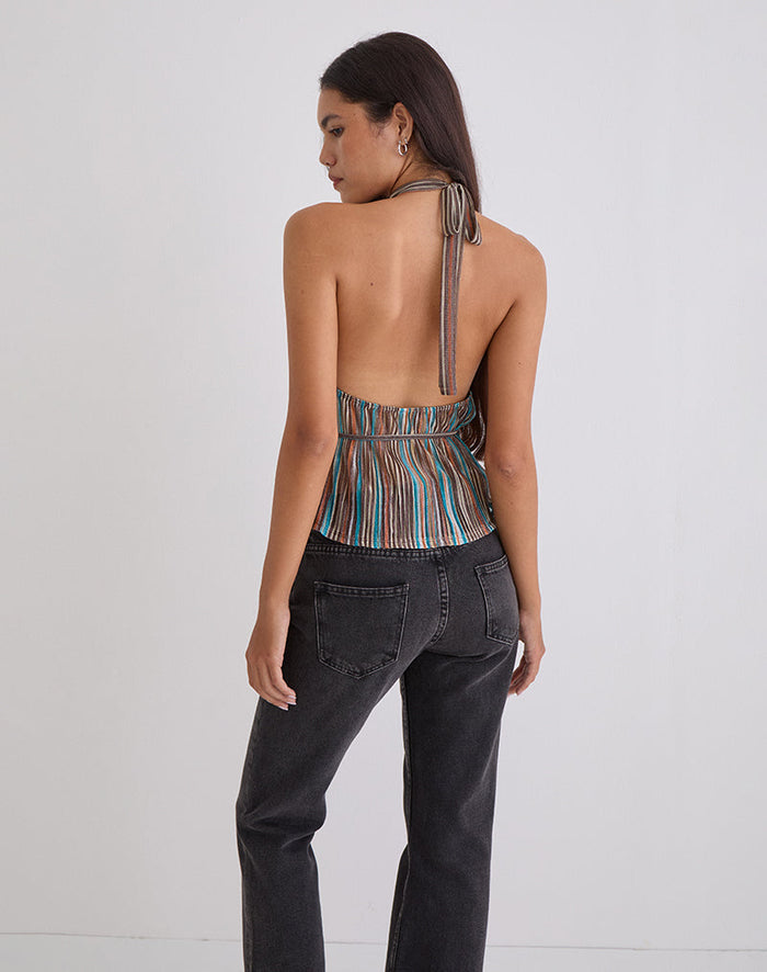 Image of Brienne Top in Blue and Brown Shimmer Sheer Plisse