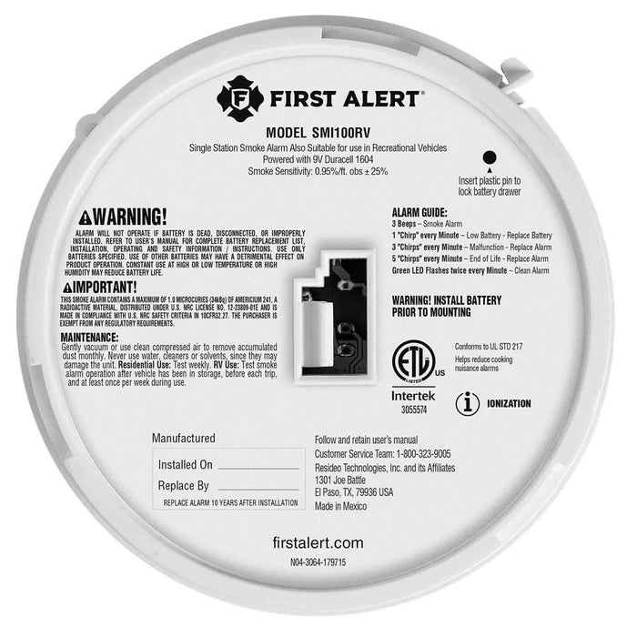 First Alert SMI100RV Model Label - Back Installation Instructions | United RV Parts