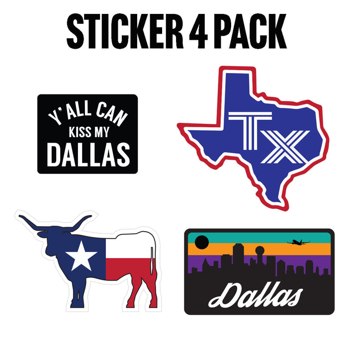 Bullzerk Stickers- 4 Pack featuring Texas-themed designs, including 'Y'all Can Kiss My Dallas,' a Texas outline, a Texas flag cow, and a vibrant Dallas skyline. Perfect for Texas themed gift, Texas Made Gifts, souvenirs from Texas, dallas souvenir, and texan gifts.